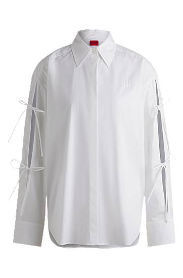 Skjorte BOSS Oversized Cotton Blouse with Sleeve Bows Hvid | 50538440
