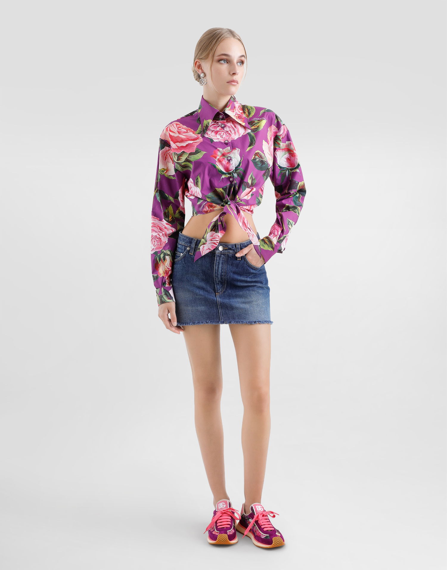 Skjorte Dolce & Gabbana Dolce & Gabbana Rose Print Tie-Front Cropped Shirt Lilla | F5R73THS5TDHP5IG, 1