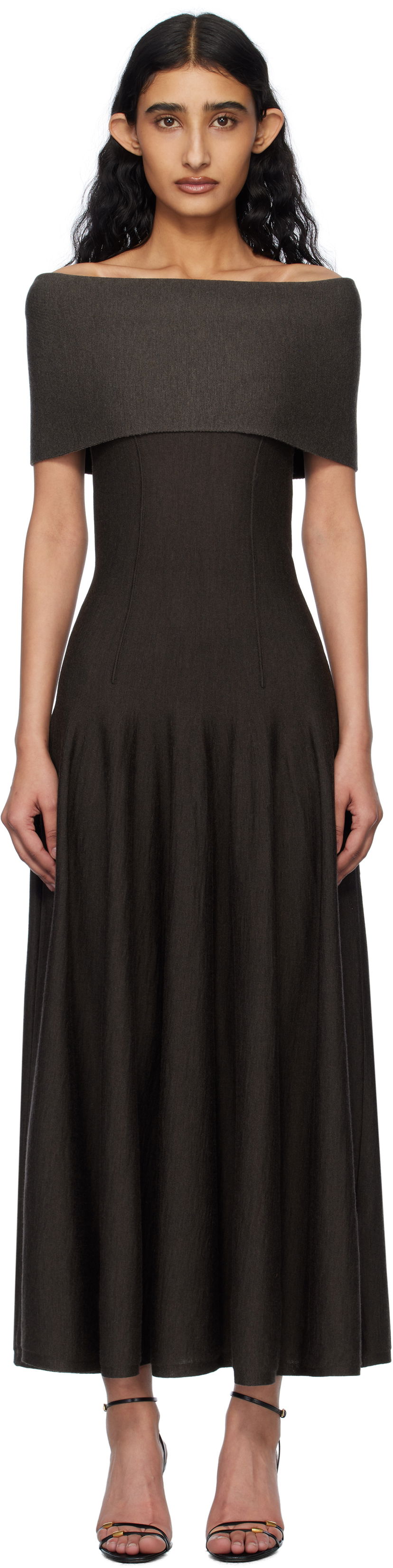 Kjole Khaite Khaite Ava Off-the-Shoulder Maxi Dress Brun | 9709521