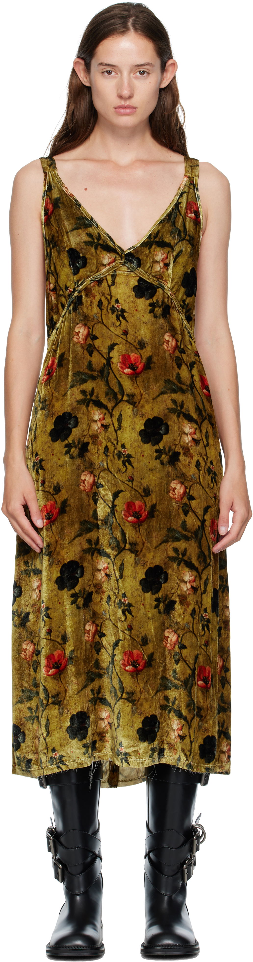 Kjole R13 R13 Grunge Floral-Print Velvet Slip Midi Dress Grøn | R13WR477-R595A, 0
