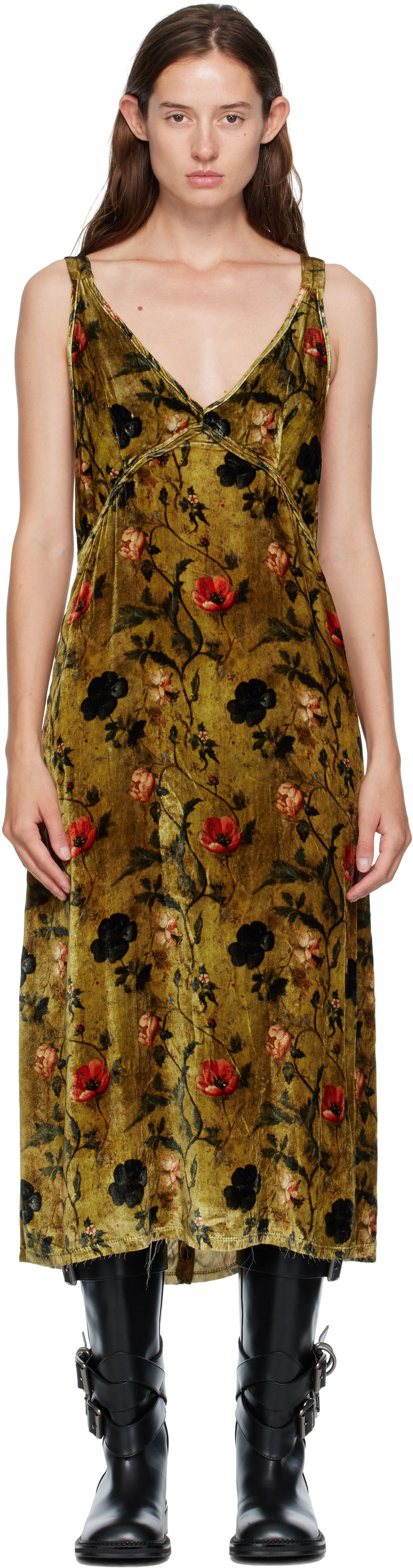 Kjole R13 R13 Grunge Floral-Print Velvet Slip Midi Dress Grøn | R13WR477-R595A