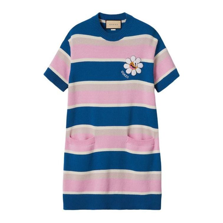 Kjole Gucci Striped Cotton Wool Dress with Floral Applique Blå | 782228-XKDZ1-4915