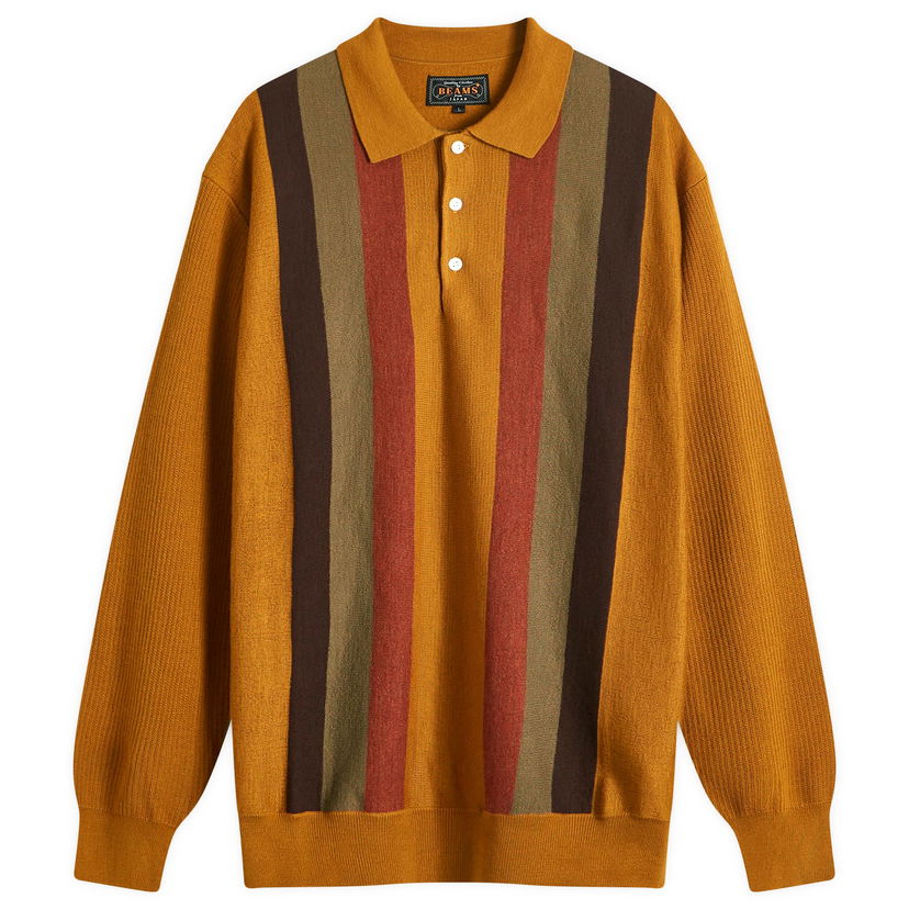 Sweater BEAMS Beams Plus Long Sleeve Stripe Knit Polo Gul | 3812-0027-156-58