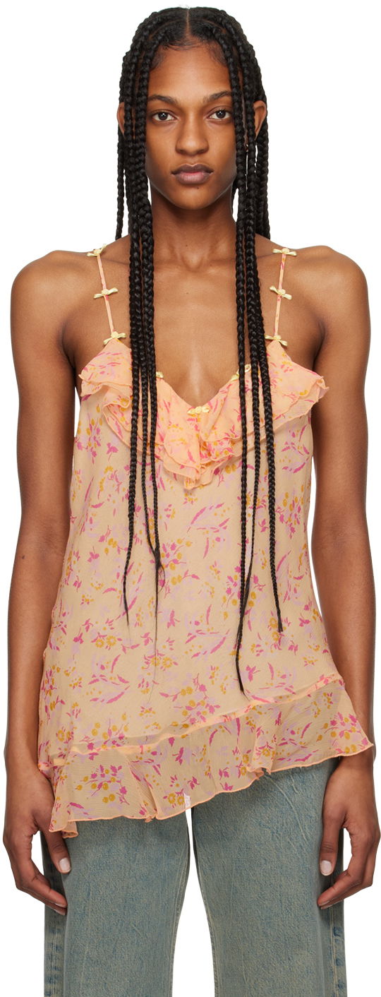 Tanktop Anna Sui Floral Print Ruffled Asymmetrical Tank Top Orange | 324C20