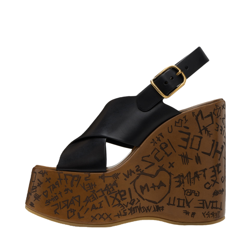 Sneakers og sko CHLOÉ Maxime Graffiti Print Wedge Sandals Sort | CHC24A02YLU