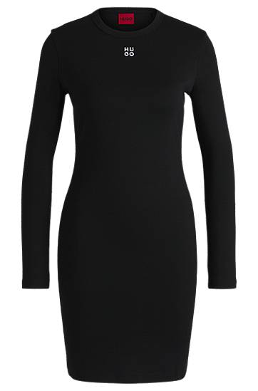 Kjole BOSS HUGO Ribbed Stretch Dress with Stacked Logo Sort | 50518385