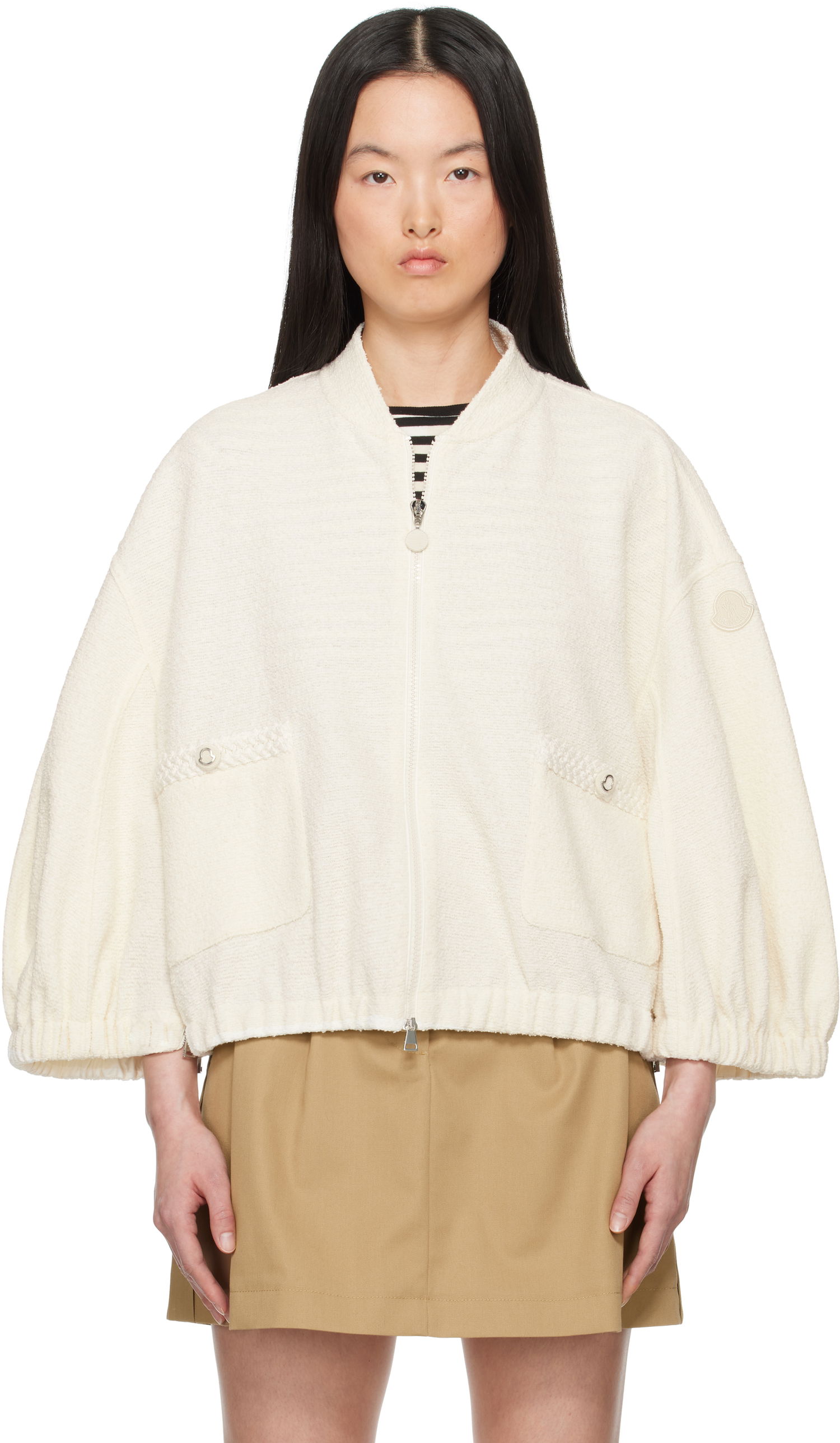Bomberjakke Moncler Moncler Zip-Up Bouclé Jacket Hvid | K10938G0002889AWR, 0