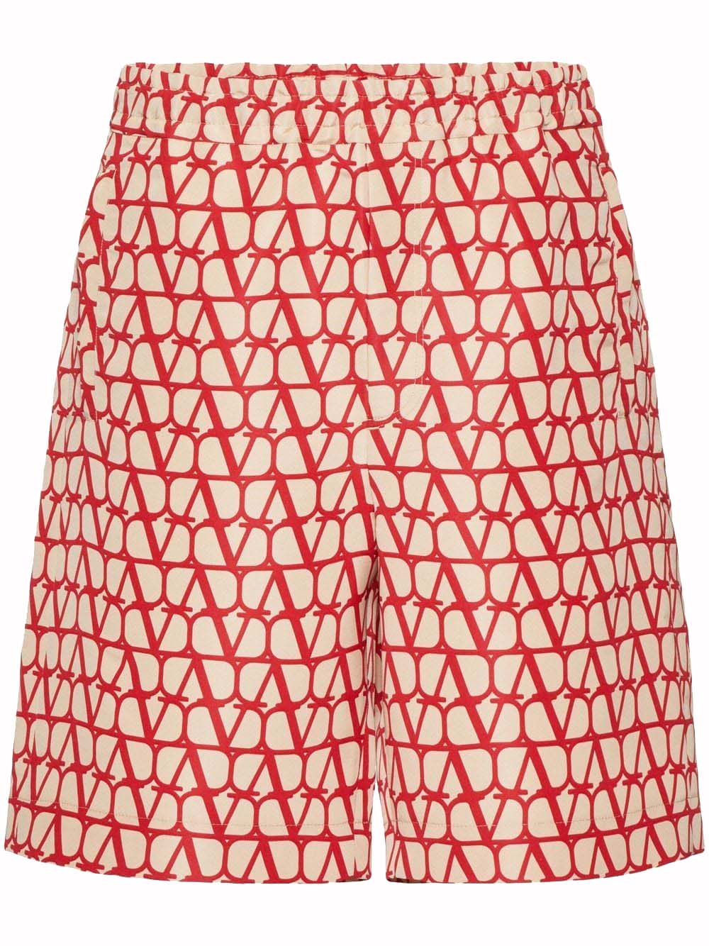 Shorts Valentino Allover Logo Silk Bermuda Beige/Red Rød | VRDK219D0, 0