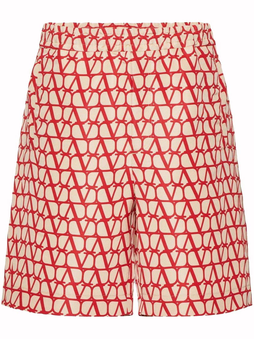 Shorts Valentino Allover Logo Silk Bermuda Beige/Red Rød | VRDK219D0