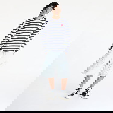 T-shirt Comme des Garçons Comme des Garçons PLAY Stripe Emblem Long Sleeve T-Shirt with Rhinestone Mørkeblå | AX-T805 NAVYxWHITE, 4