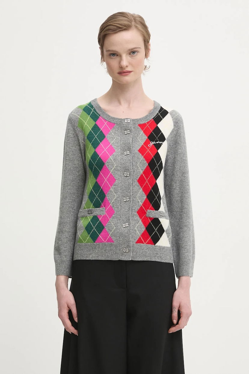 Sweater GANNI Multicolor Argyle Cashmere Wool Mix Round Neck Cardigan Flerfarvet | K2512