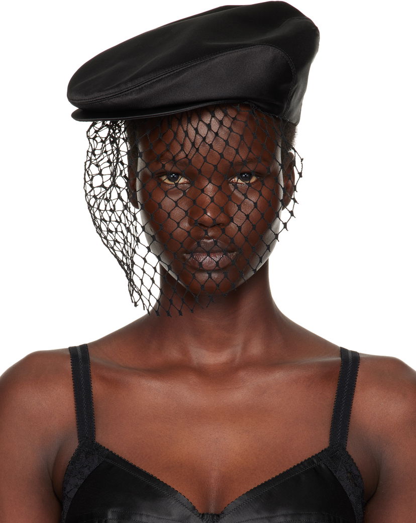 Baret Dolce & Gabbana Silk Satin Flat Cap with Veil Sort | FH664A GDCRR