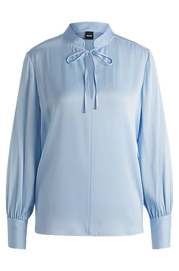 Skjorte BOSS Relaxed Fit Stretch Silk Blouse with Keyhole Neckline Blå | 50538492, 0