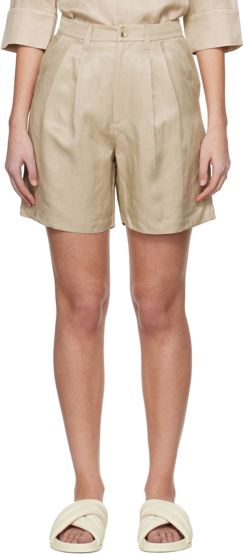 Shorts Anine Bing Anine Bing Carrie Pleated Linen Shorts Beige | A-05-9356-OMA10