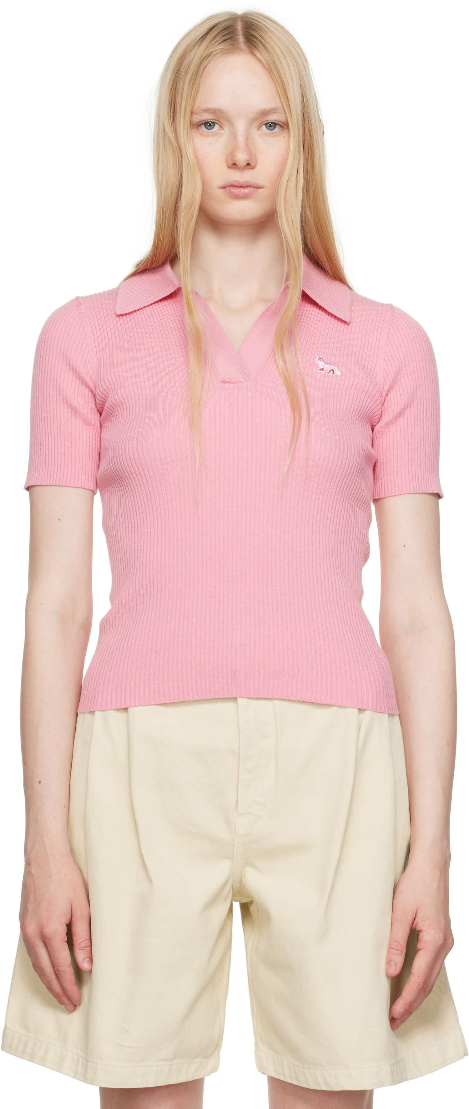 Polo skjorte MAISON KITSUNÉ Maison Kitsuné Baby Fox Patch Fine Ribbed Polo Lyserød | OW00201KT1091, 0