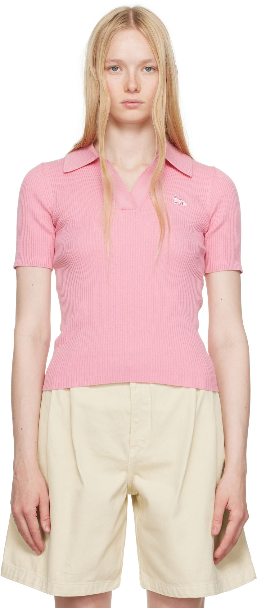 Polo skjorte MAISON KITSUNÉ Maison Kitsuné Baby Fox Patch Fine Ribbed Polo Lyserød | OW00201KT1091