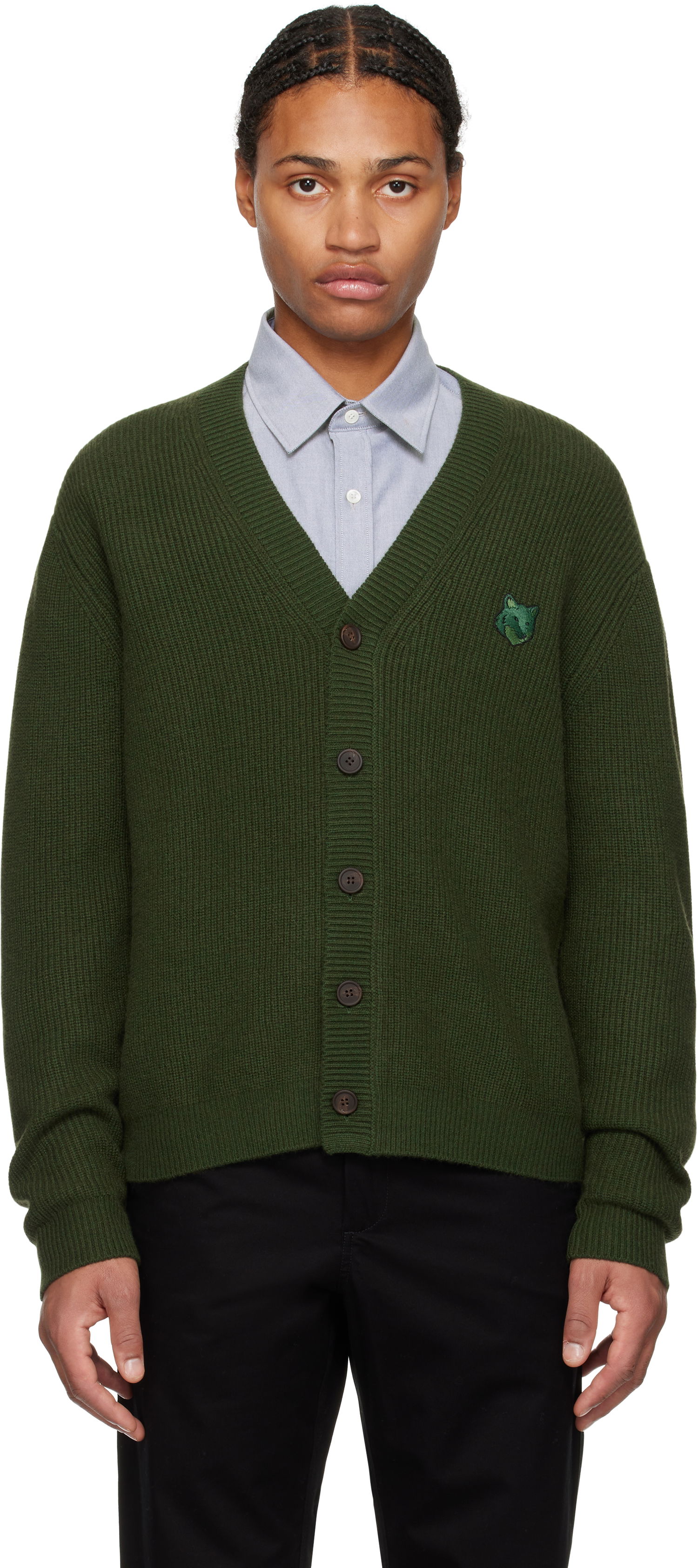 Sweater MAISON KITSUNÉ Ribbed Cardigan With Logo Patch Grøn | NM00501KT1093, 0