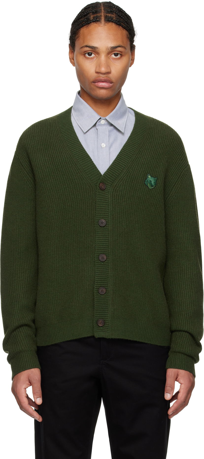 Sweater MAISON KITSUNÉ Ribbed Cardigan With Logo Patch Grøn | NM00501KT1093