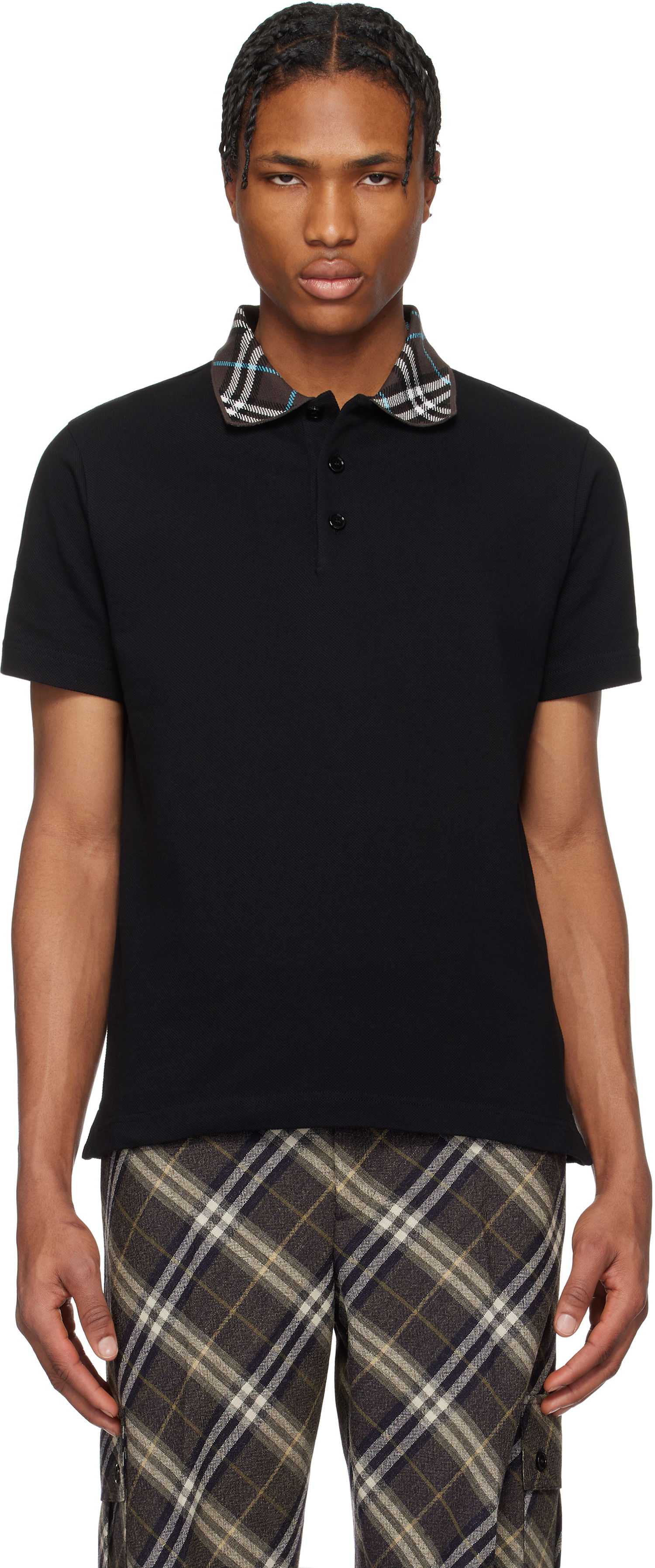 Polo skjorte Burberry Burberry Cotton Polo with Plaid Collar Sort | 8103865, 0