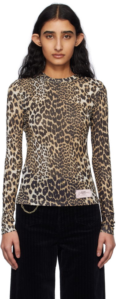 T-shirt GANNI GANNI Leopard Print Long Sleeve T-Shirt Beige | T4208, 0
