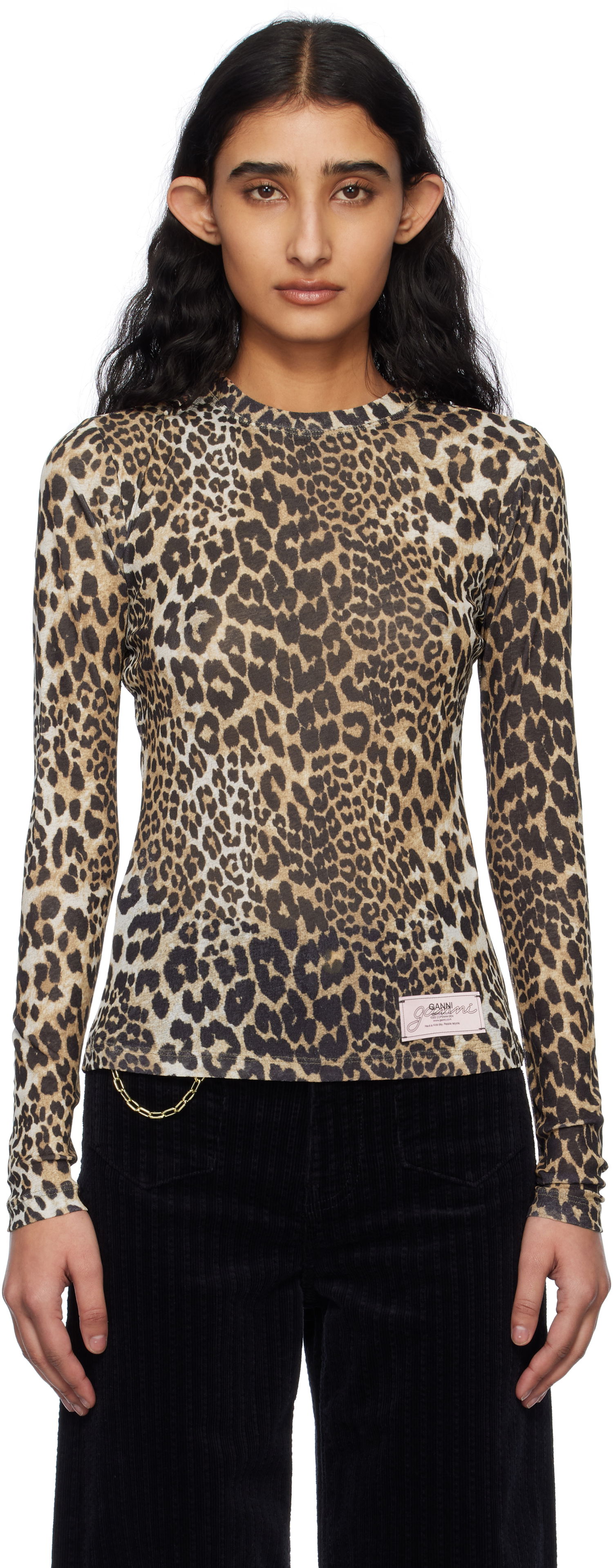 T-shirt GANNI GANNI Leopard Print Long Sleeve T-Shirt Beige | T4208, 0