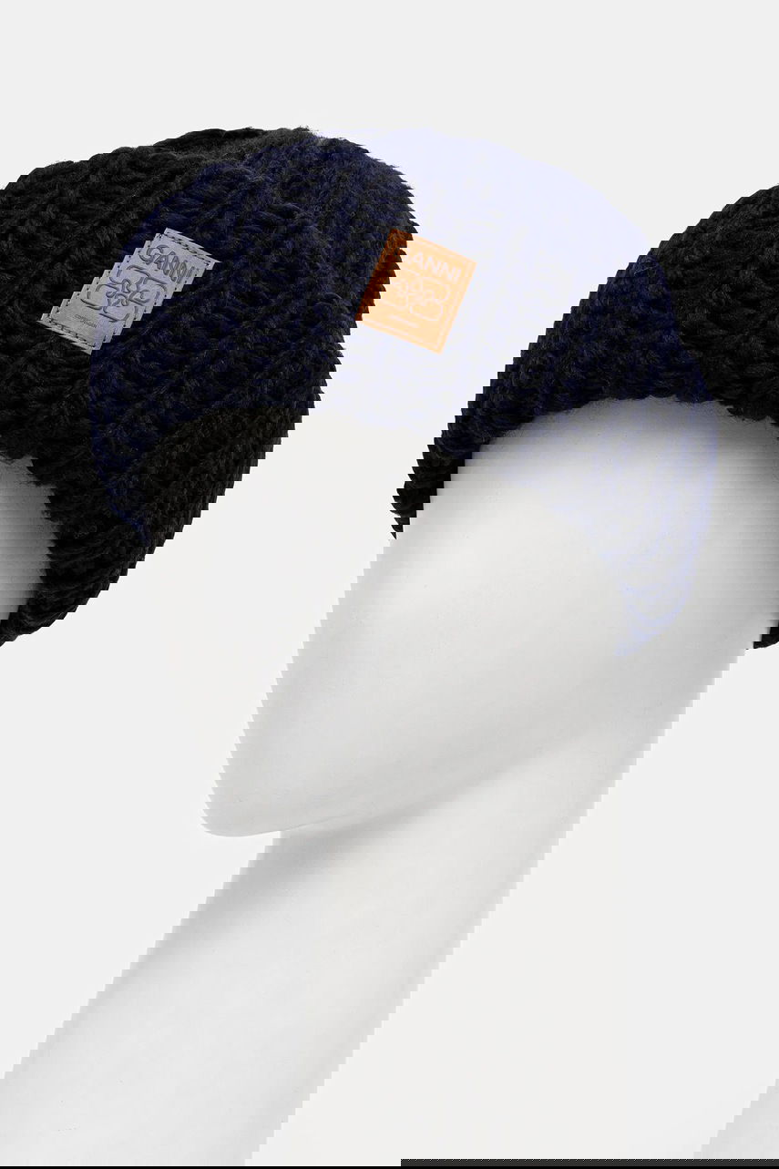 Beanie GANNI Graphic Wool Hand Knit Beanie Mørkeblå | A7171, 1