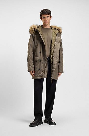 Parka BOSS Water-repellent parka jacket with faux-fur hood Grøn | 50546236, 1