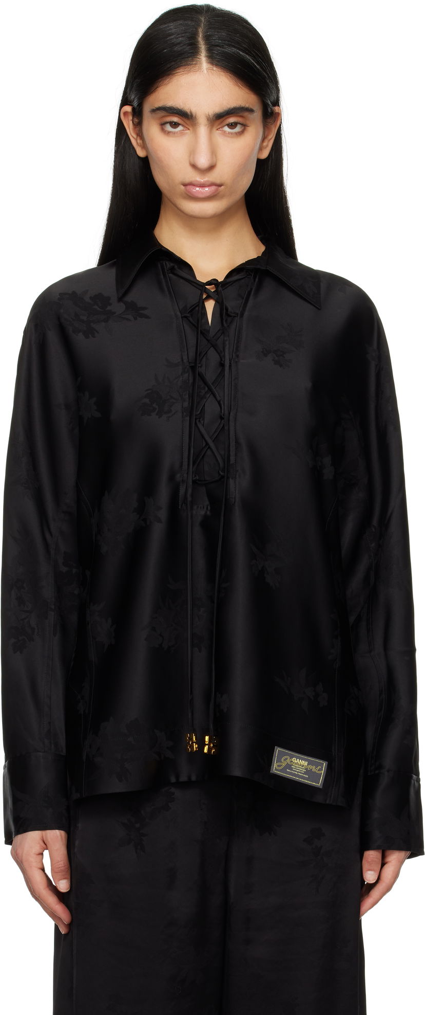 Skjorte GANNI GANNI Satin Jacquard Tie-String Shirt Sort | W0359