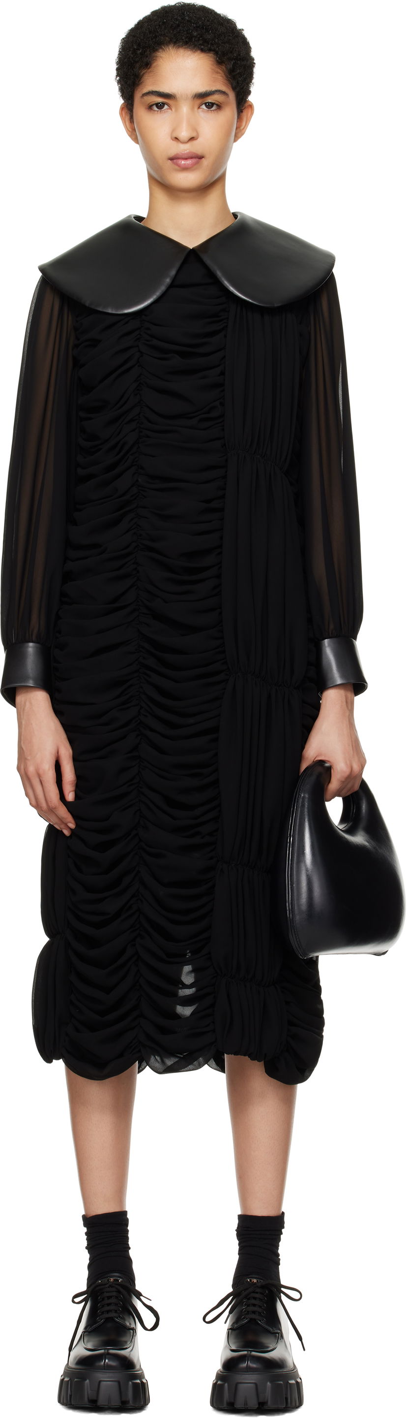 Kjole Comme des Garçons Faux-Leather Collar Georgette Midi Dress Sort | GN-O008-051