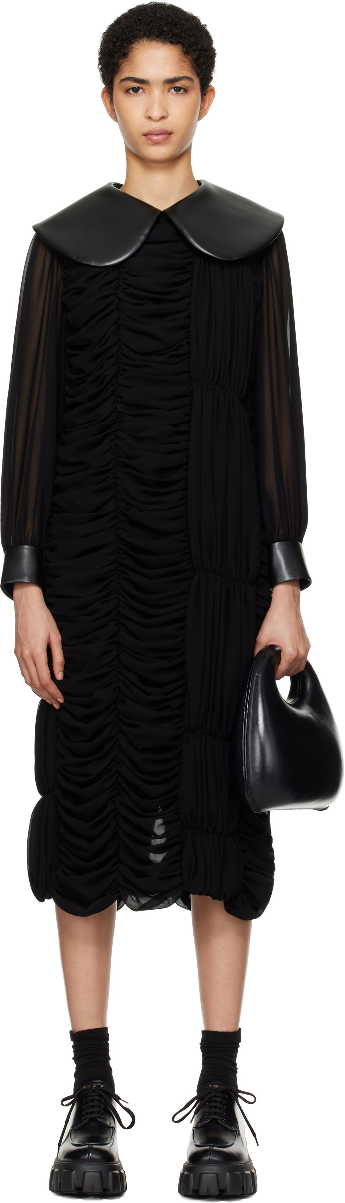 Kjole Comme des Garçons Faux-Leather Collar Georgette Midi Dress Sort | GN-O008-051, 0
