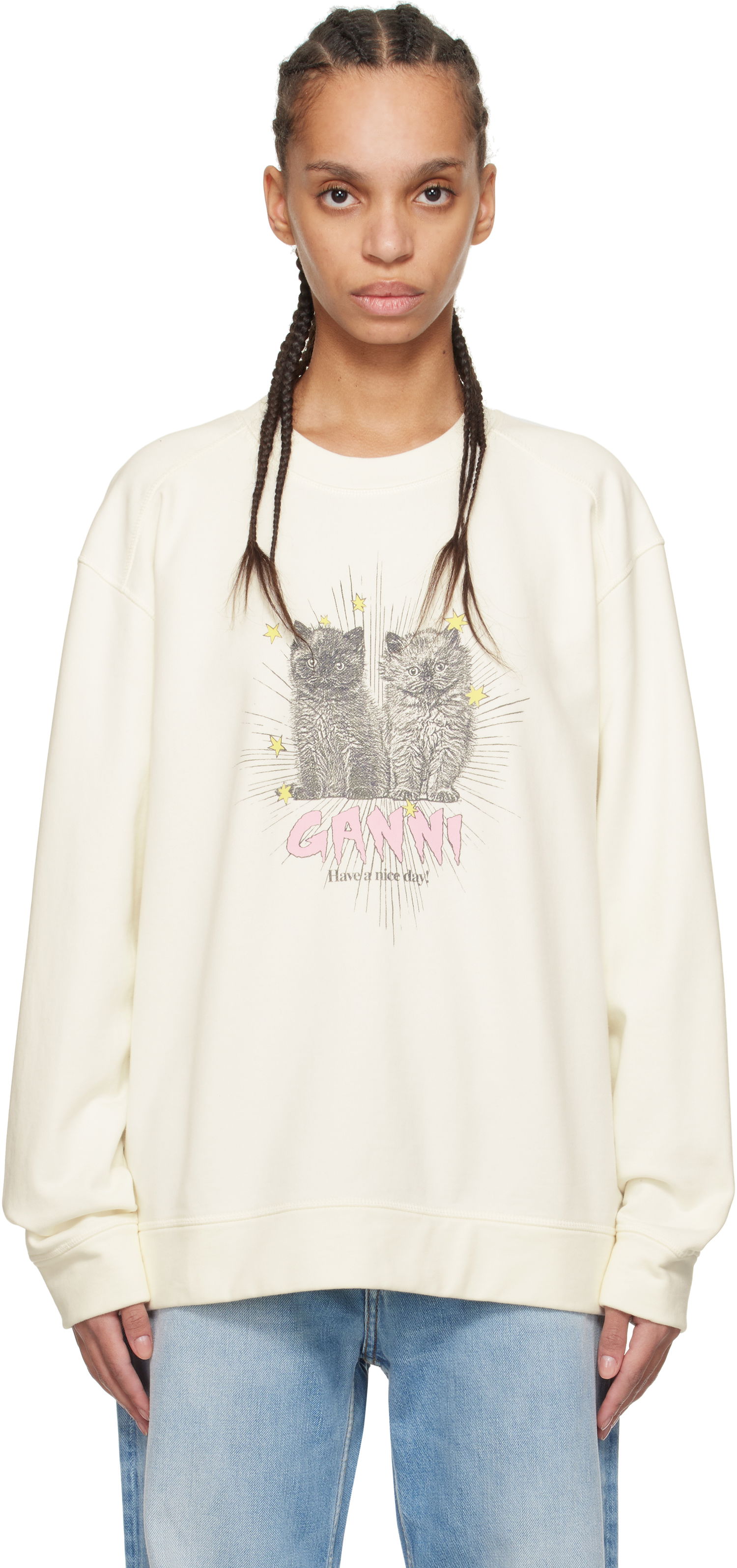Sweatshirt GANNI GANNI Isoli Kittens Drop Shoulder Sweatshirt Beige | T4163, 0