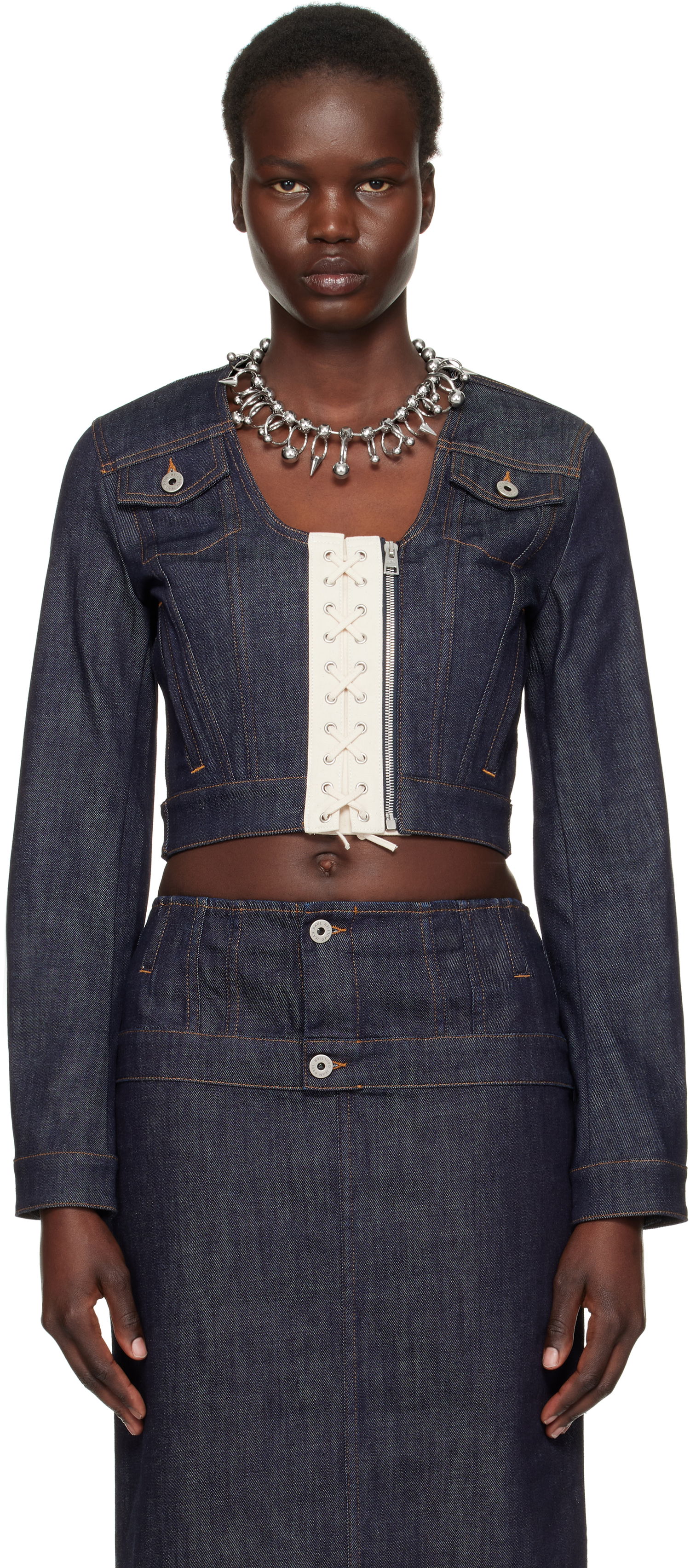 Jakke Jean Paul Gaultier Jean Paul Gaultier 'The Contrasting Lace-Up' Cropped Denim Jacket Blå | 25/33-F-VE085-D019-5568, 0