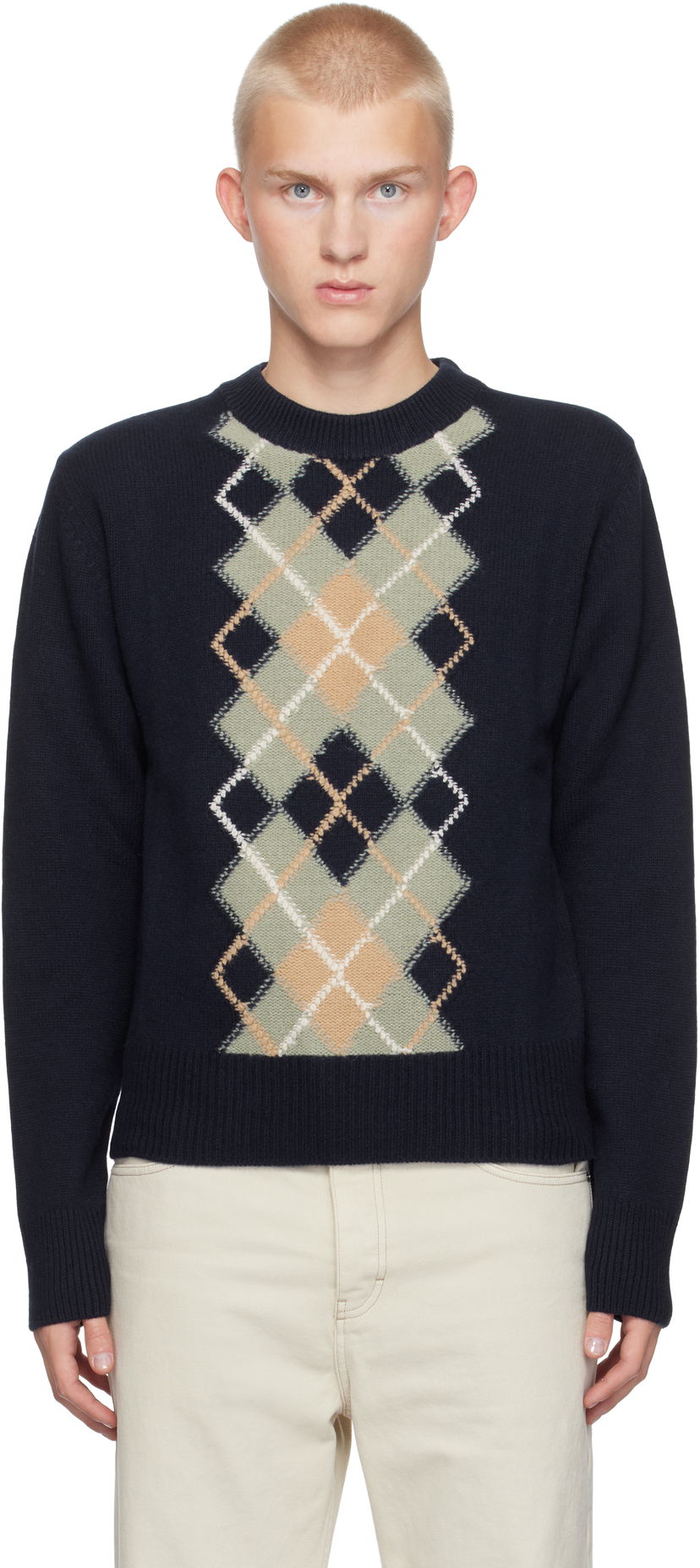 Sweater AMI Argyle Crew Neck Sweater Sort | HKS044.KN0057