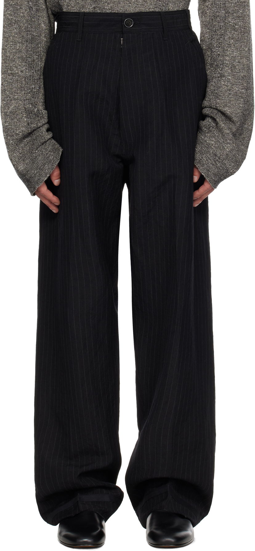 Bukser Maison Margiela Maison Margiela Pinstripe Linen & Wool Wide-Leg Trousers Sort | S50KA0678 M35447