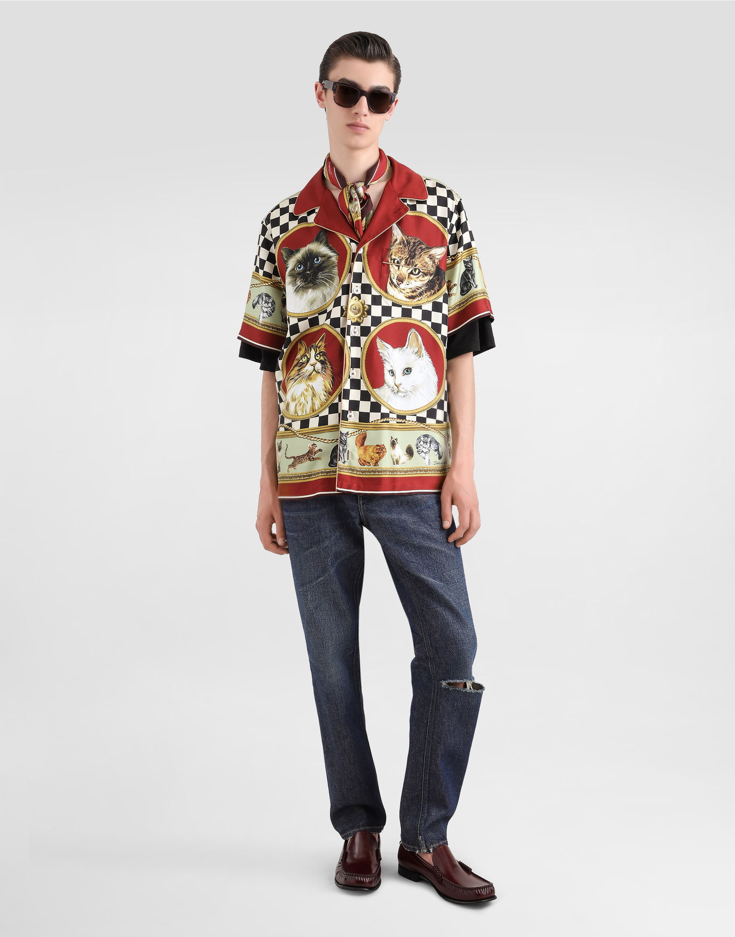 Skjorte Dolce & Gabbana Dolce & Gabbana Cat Print Silk Shirt Flerfarvet | G5LH3THI1VVHH5ID, 1