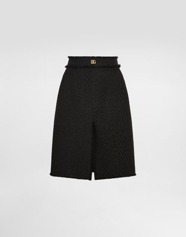 Nederdel Dolce & Gabbana Dolce & Gabbana Raschel Tweed Midi Skirt with Central Slit and DG Logo Sort | F4C2DTGDCLWN0000, 0