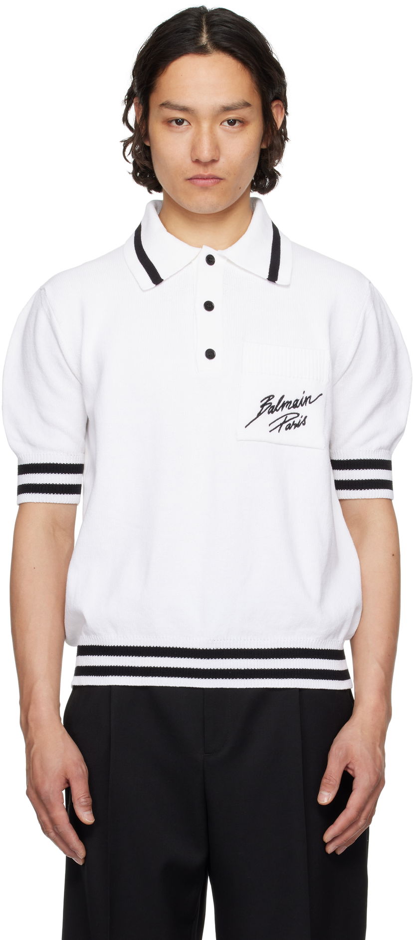 Polo skjorte Balmain Balmain Logo Knit Polo Hvid | EH0GB046KI49