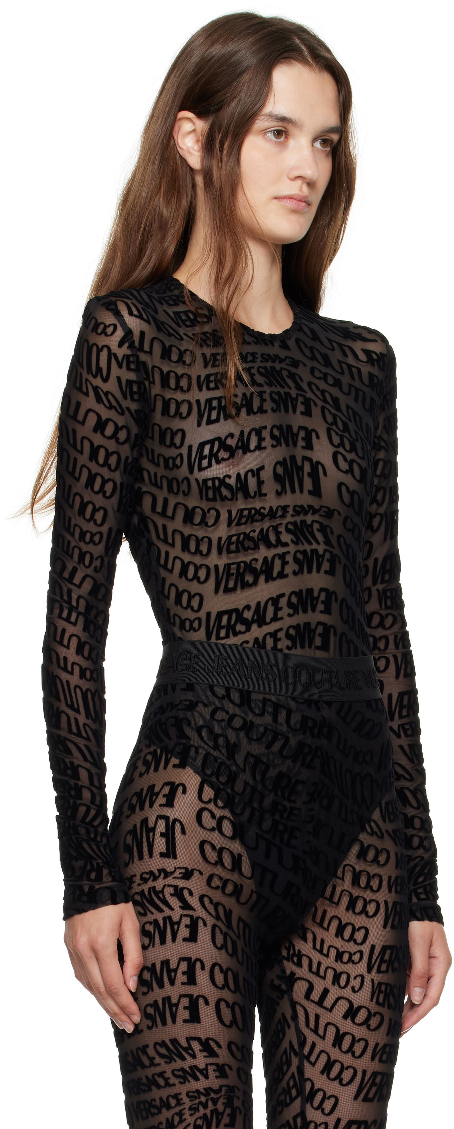 Krop Versace Versace Jeans Couture Tulle Flock Liquify Bodysuit Sort | E79HAM221_EJS490, 1