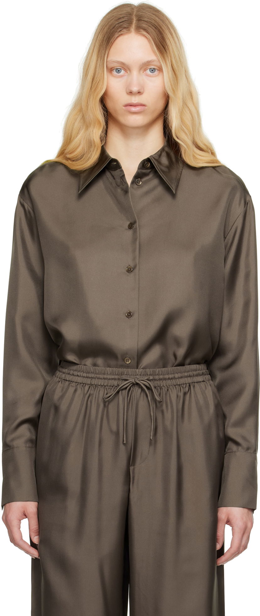 Skjorte Róhe Signature Elongated Silk Shirt Brun | 415-19-085