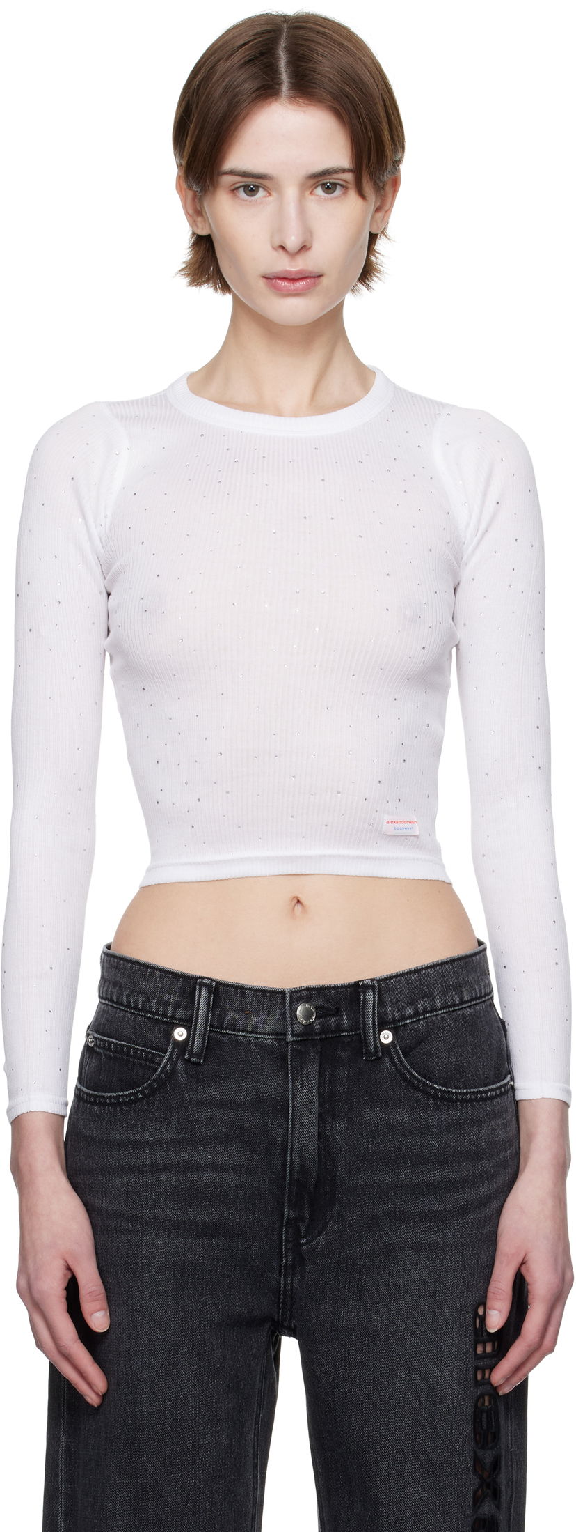 Crop top Alexander Wang Alexander Wang Crystal Long Sleeve T-Shirt Hvid | WL003AT
