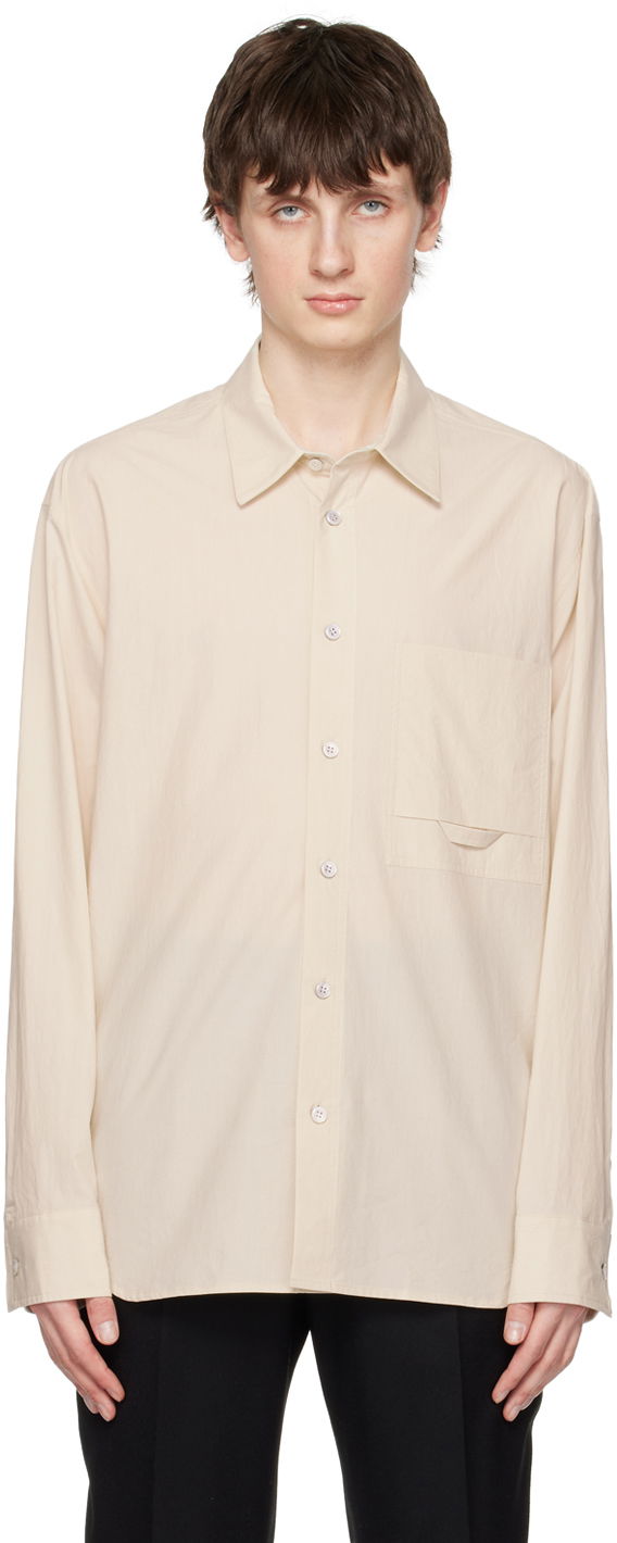 Skjorte Solid Homme Embroidered Long-Sleeve Button-Up Shirt with Flap Chest Pocket Beige | S231SH26