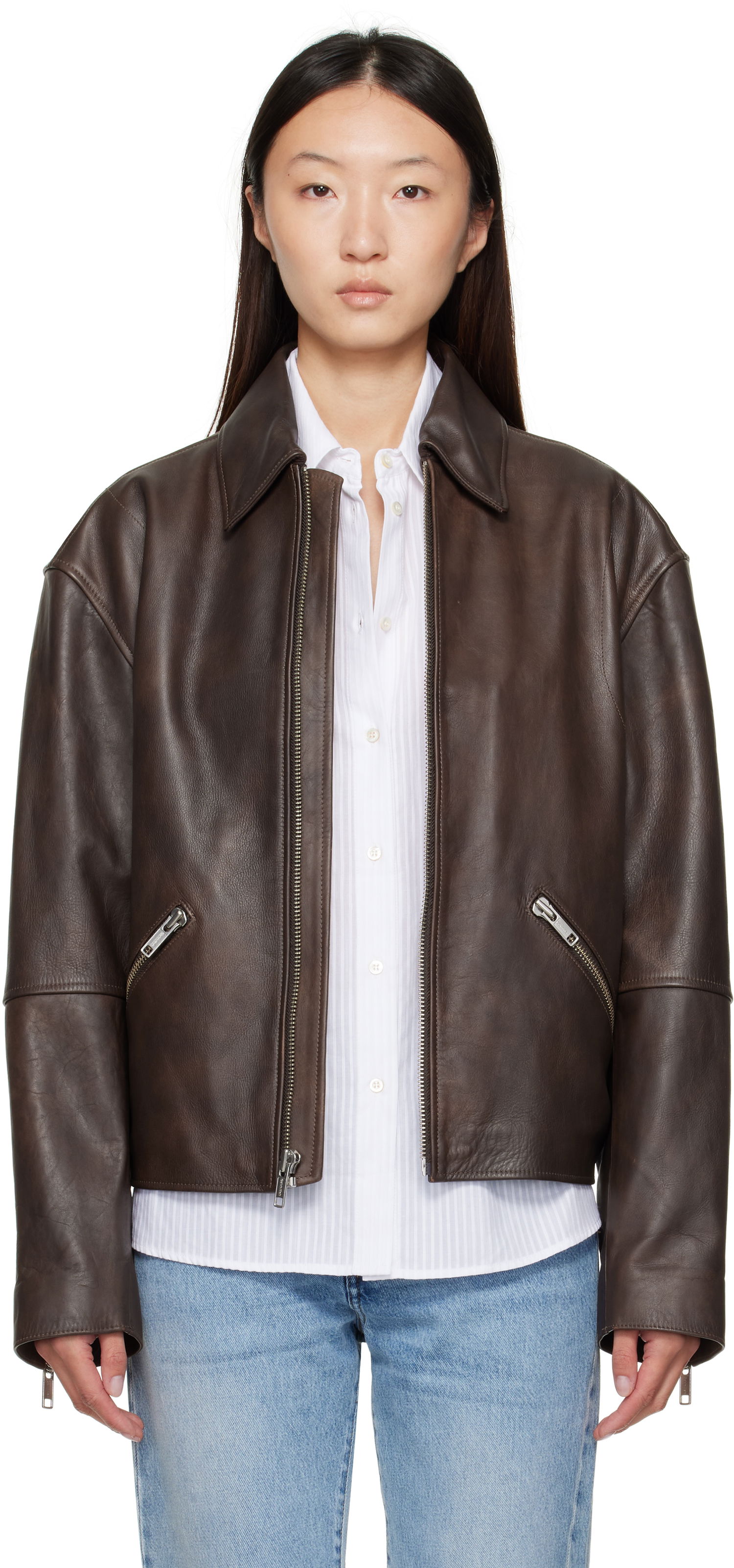 Jakke CALVIN KLEIN Calvin Klein Distressed Leather Biker Jacket Brun | 81B530G, 0