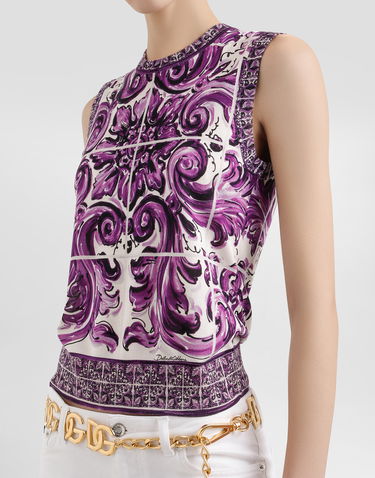 Tanktop Dolce & Gabbana Dolce & Gabbana Majolica Print Silk Tank Top Lilla | FXT01TJAHKGH25DQ, 3