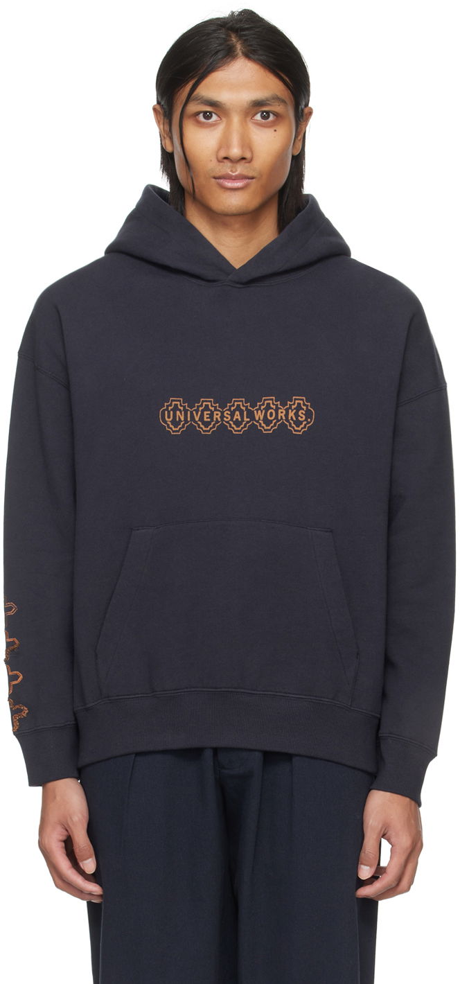 Sweatshirt Universal Works Universal Works Printed Hoodie Mørkeblå | P2932