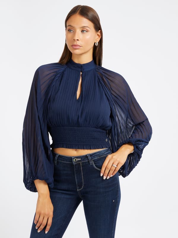 Skjorte GUESS Pleated Blouse Mørkeblå | W4RH69WDW52, 0