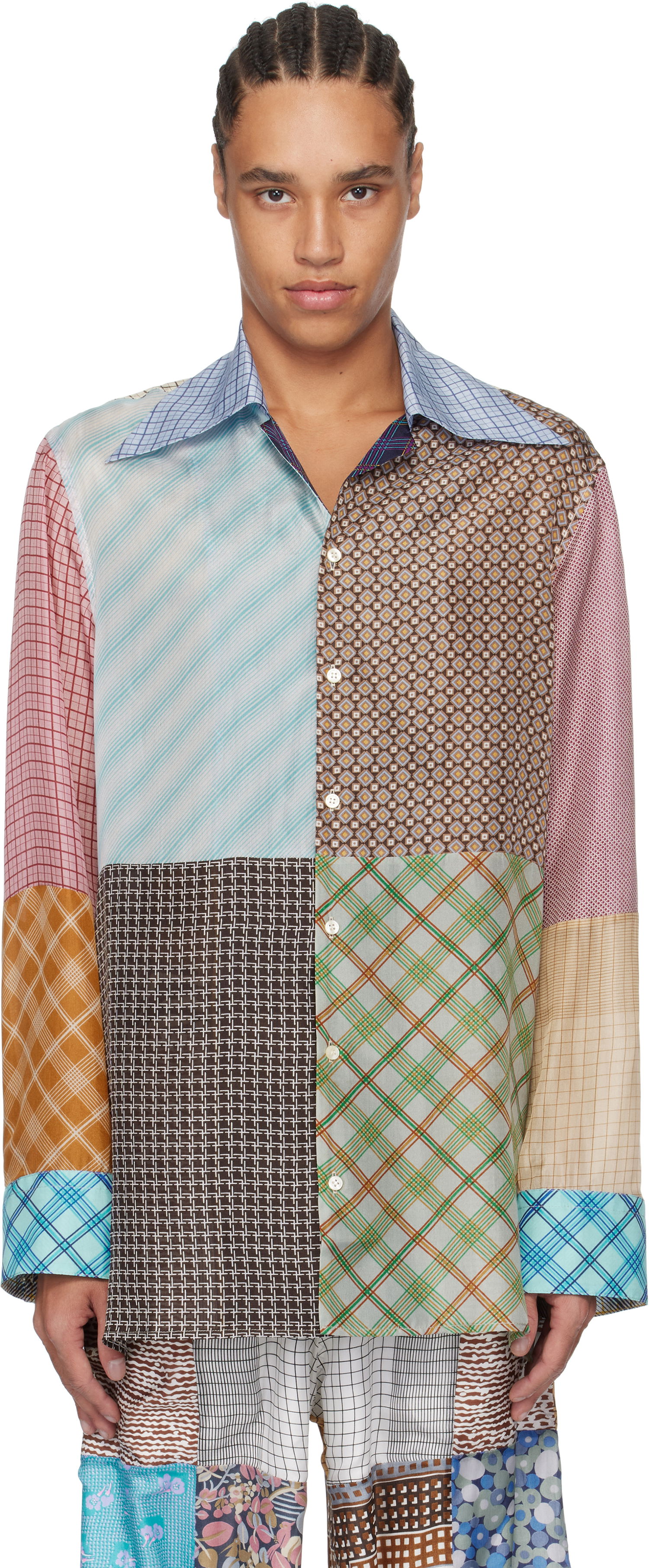 Skjorte Marine Serre Marine Serre Regenerated Silk Patchwork Lapel Collar Shirt Flerfarvet | USI031A UWOV0028, 0