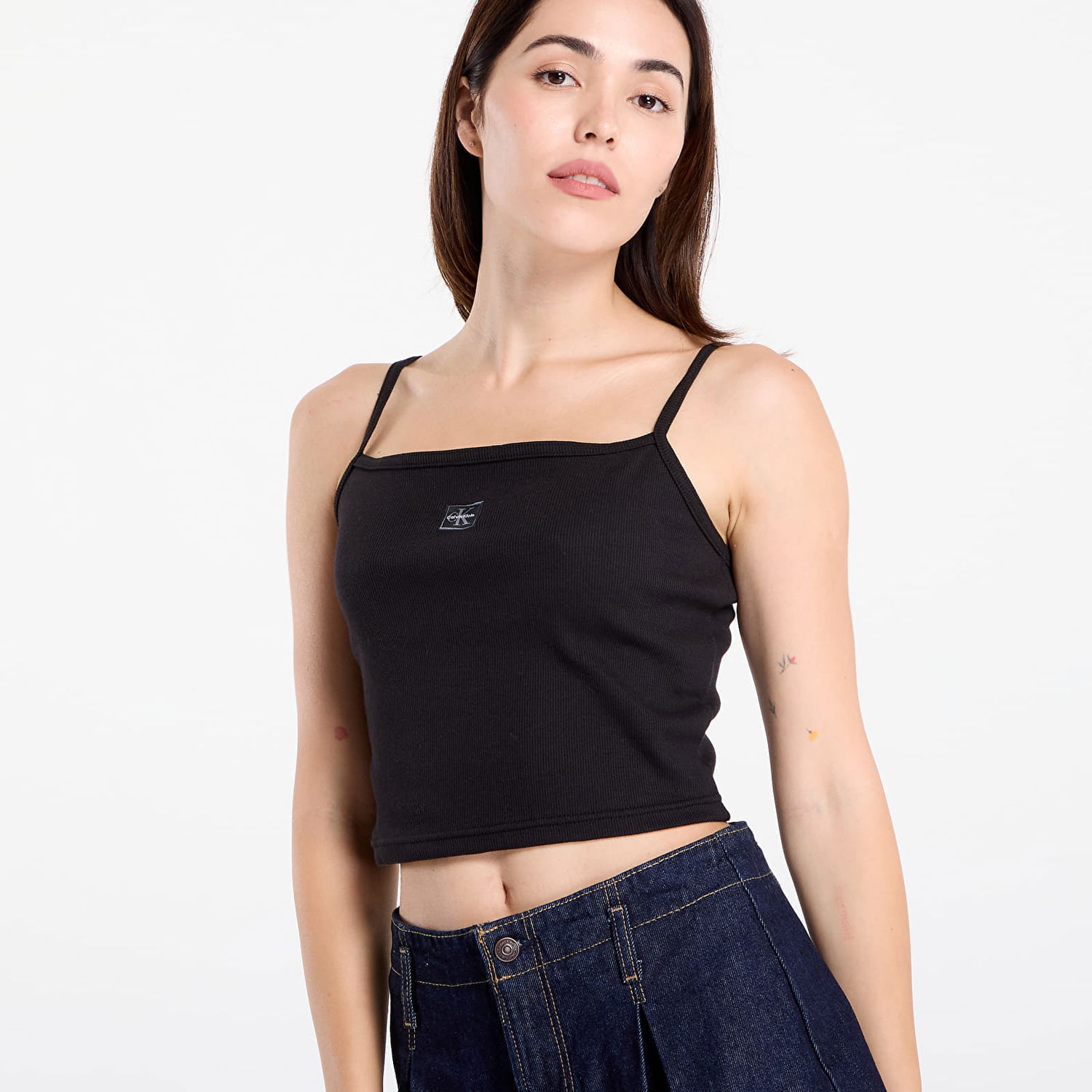 Tanktop CALVIN KLEIN Woven Label Rib Crop Black Sort | LV047C908G UB1, 1