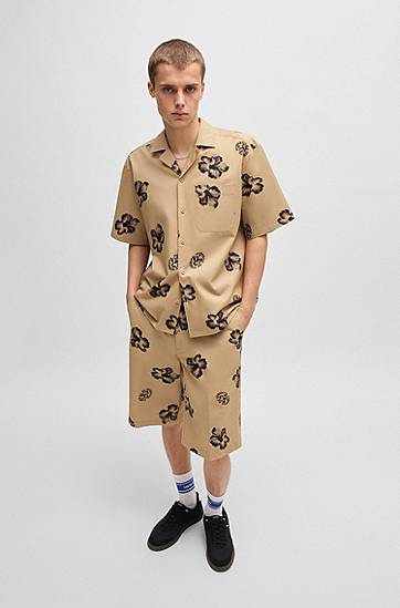 Skjorte BOSS HUGO Relaxed-Fit Hibiscus-Print Stretch Cotton Shirt Beige | 50539135, 1