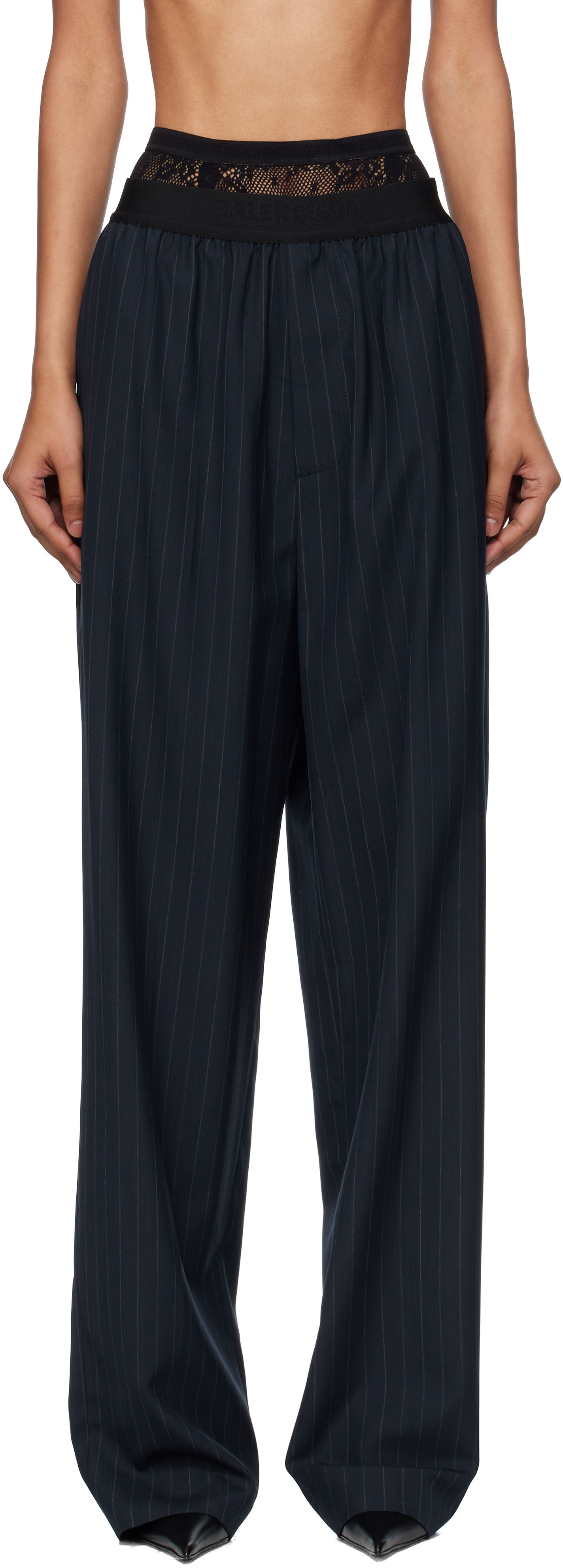 Bukser Balenciaga Balenciaga Pinstripe Elastic Trousers Mørkeblå | 790887TST24, 0