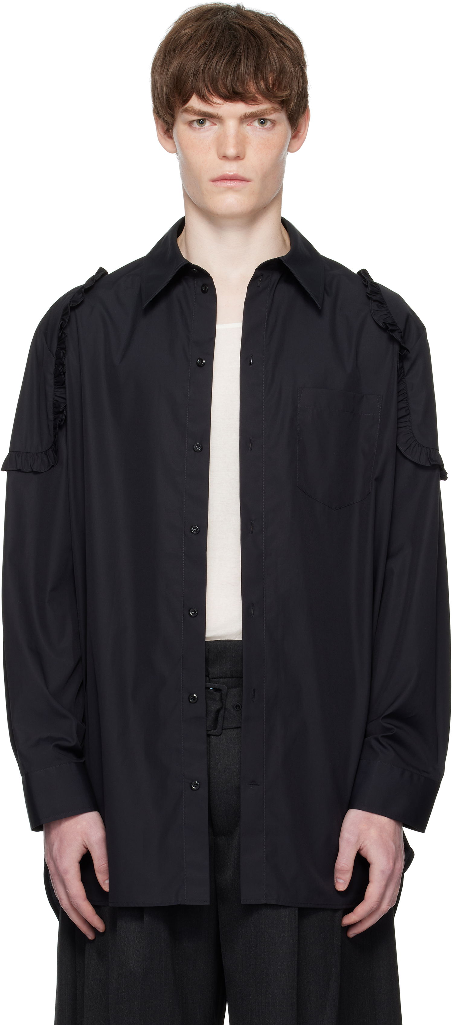 Skjorte Simone Rocha Simone Rocha Ruffle Shoulder Patch Tunic Shirt Sort | 5383 1025, 0